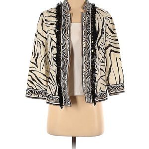 CHICOS Sz 4 (0) Long Sleeve Jacket Zebra Peint Ivory Decorated 100% Linen